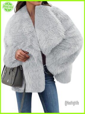 Cropped Faux Fur Jacket Winter Long Sleeve Open Front Shaggy Coat